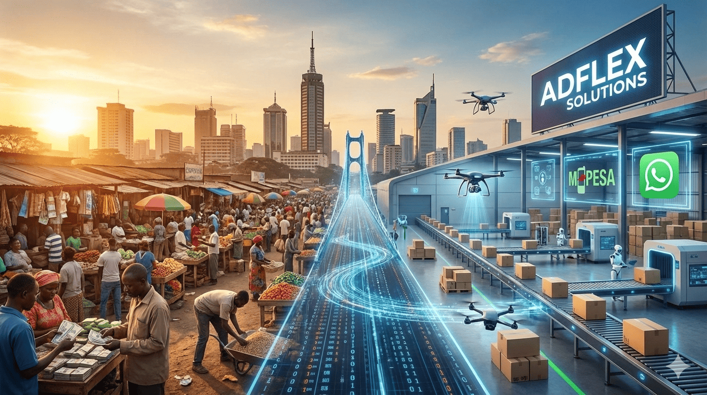 E-commerce solutions Kenya, Adflex Solutions, M-Pesa website integration, Online business growth Kenya, Web development Nairobi.